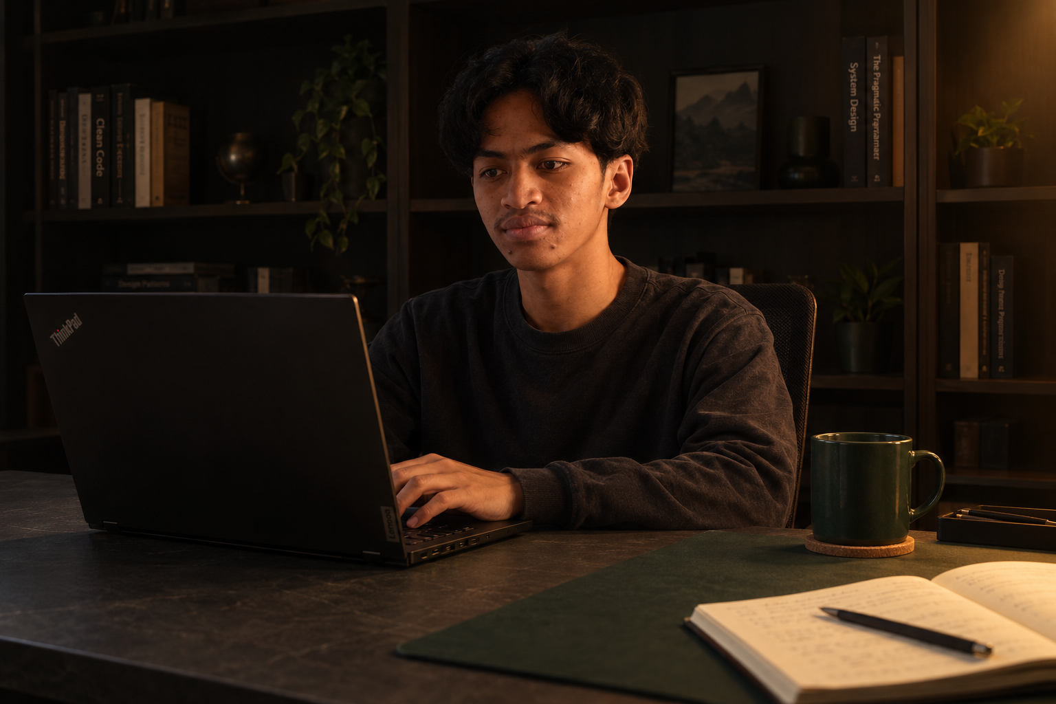 A dark desk lit